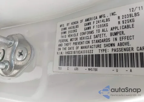 2012 Honda Accord 2.4 Ex из США, поврежденный, VIN 1HGCS1B7XCA005522